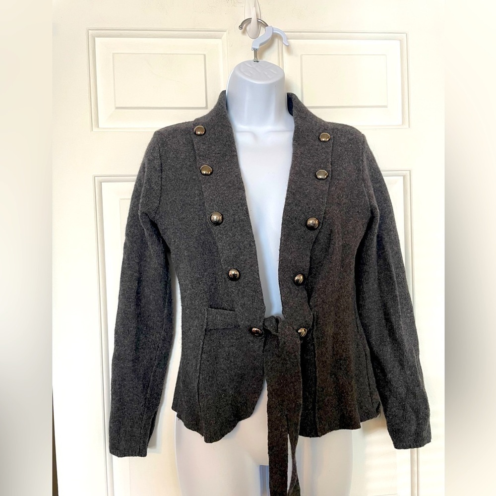 Per Una Womans Gray Cardigan Size Medium Made In Italy Buttons Belted Wool Blend